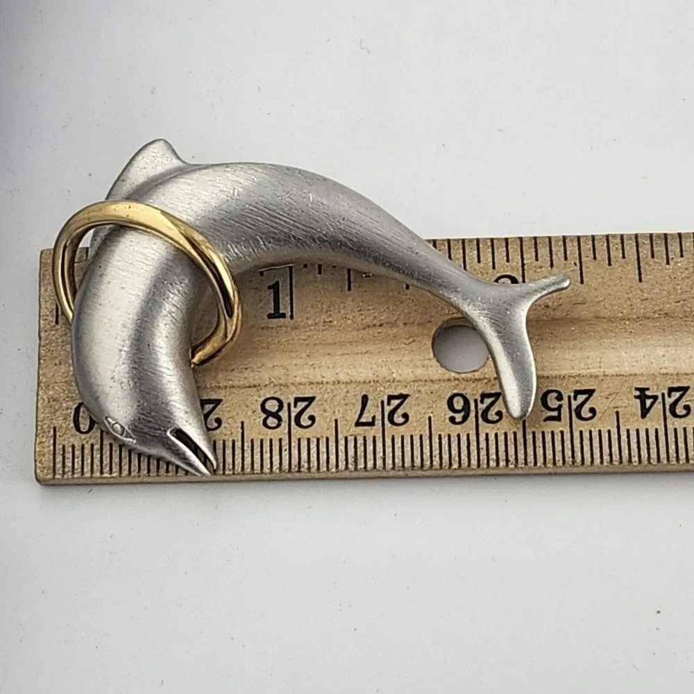 Silver Gold Dolphin‎ Brooch Brushed Vintage Signed Lady Remington LR  1970s